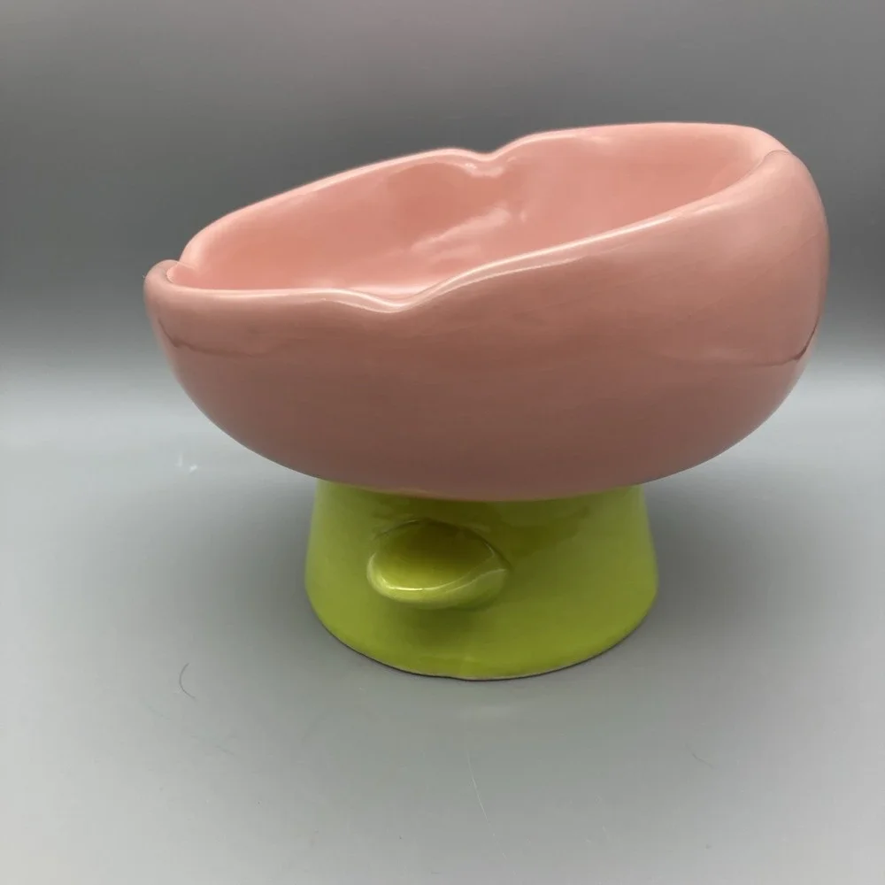 Whisker Friendly Flower Shaped Ceramic Pet Food Bowl Elevated Tilted Pink Green